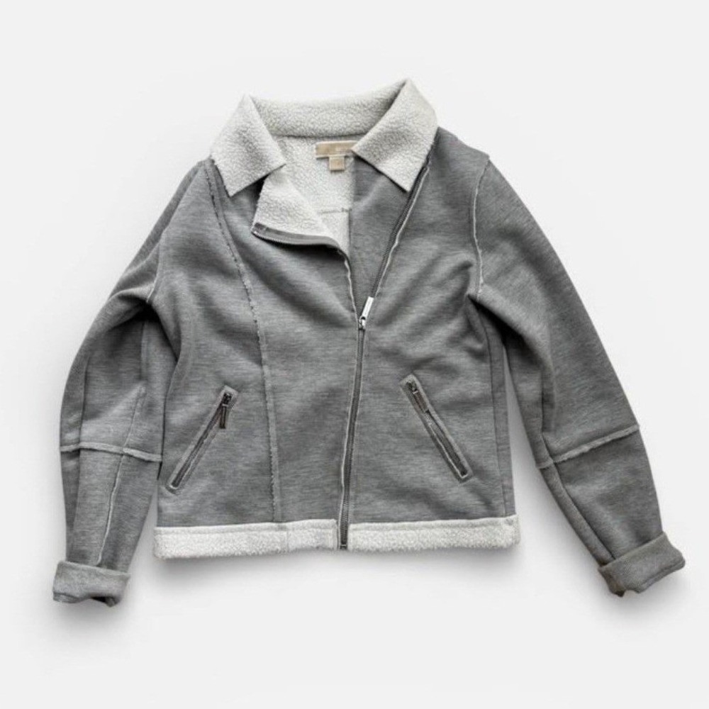 Michael Kors Womens Gray Sherpa Lined Moto Jacket Asymmetric Zip Size S